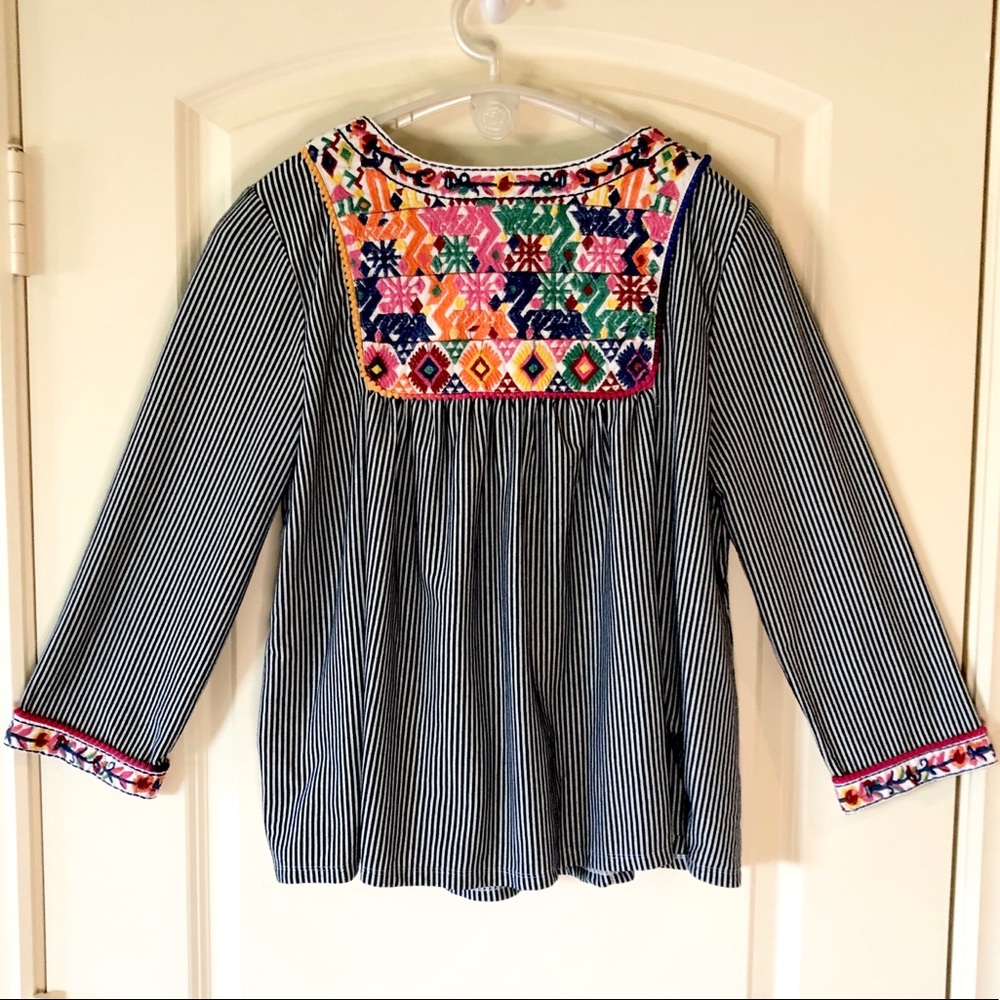 Peasant style colorful embroidered blue and white striped blouse by Hannah XL - Picture 7 of 9